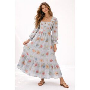 POZRUH maxi dress floral LARGE colorful cottage tiered smocked embroidered